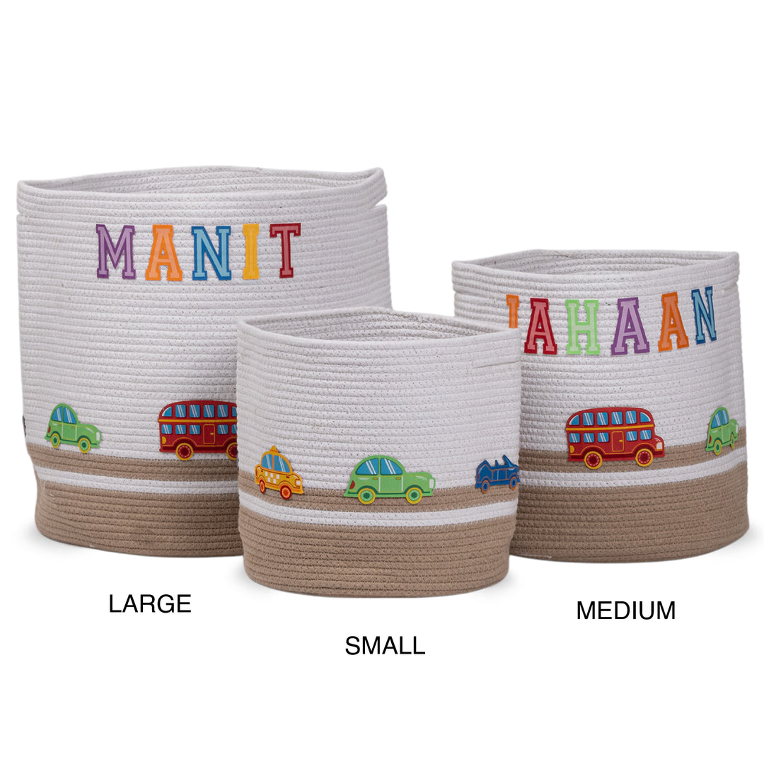 Cotton Rope 'Transport Trail' Small Round Beige Toy Storage Basket With Lid