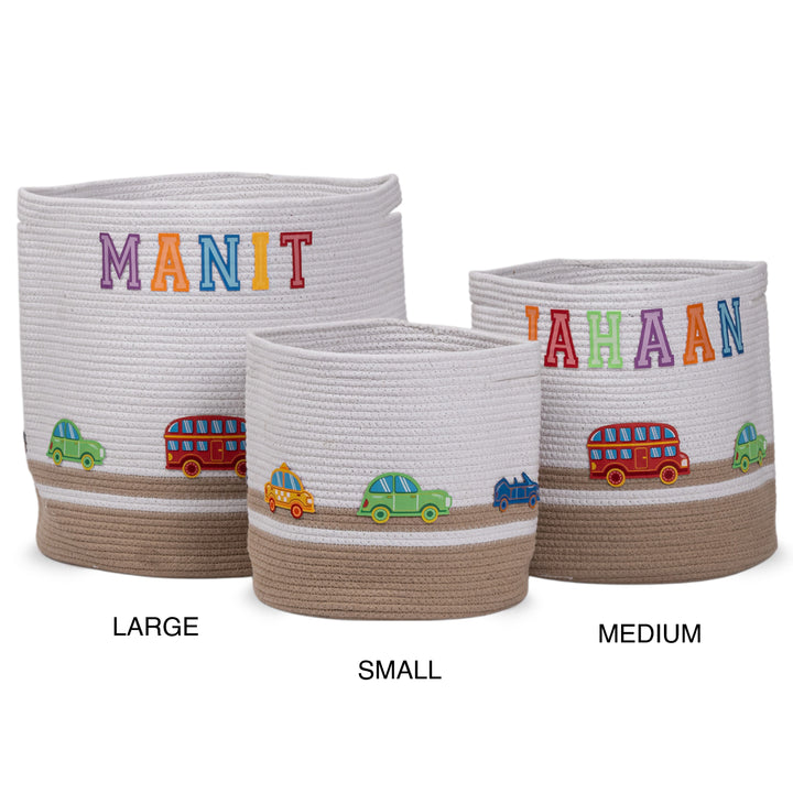 Cotton Rope 'Transport Trail' Small Round Beige Toy Storage Basket With Lid