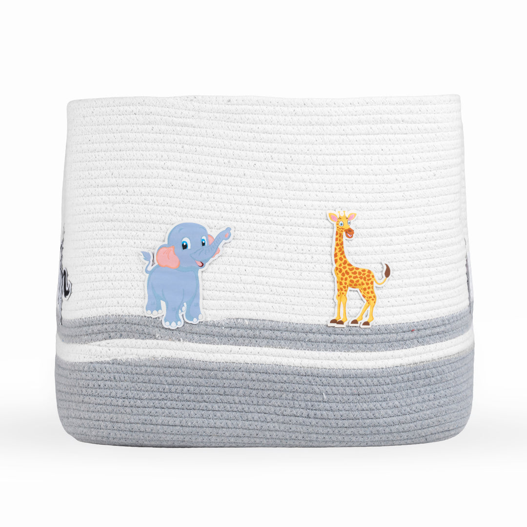 Cotton Rope 'Animal Kingdom' Large Rectangular Grey Toy Storage Basket with Lid