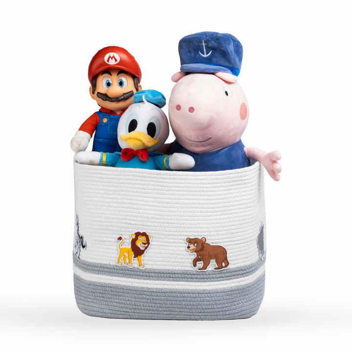 Cotton Rope 'Animal Kingdom' Large Rectangular Grey Toy Storage Basket with Lid