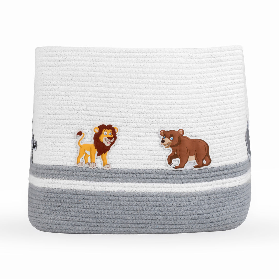 Cotton Rope 'Animal Kingdom' Large Rectangular Grey Toy Storage Basket with Lid