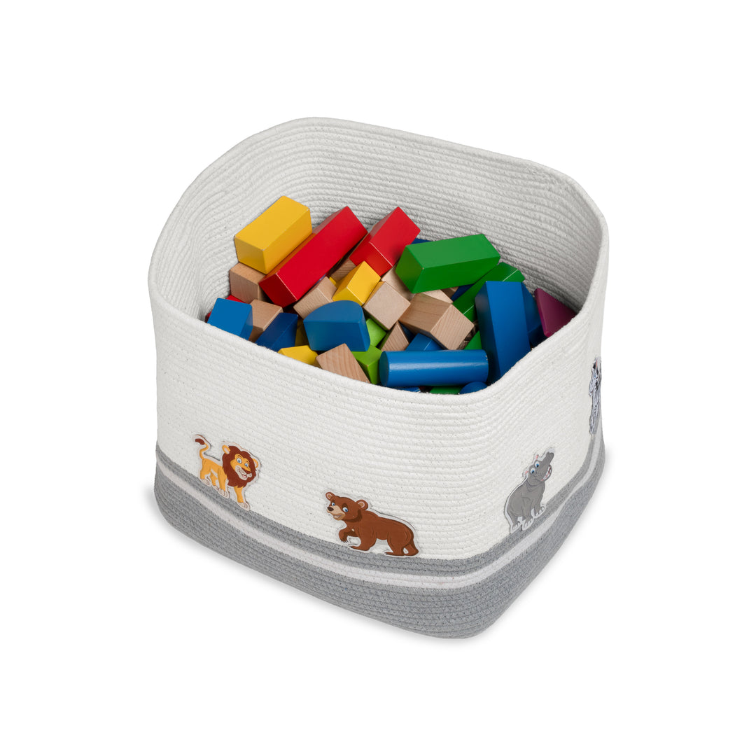 Cotton Rope 'Animal Kingdom' Large Rectangular Grey Toy Storage Basket with Lid