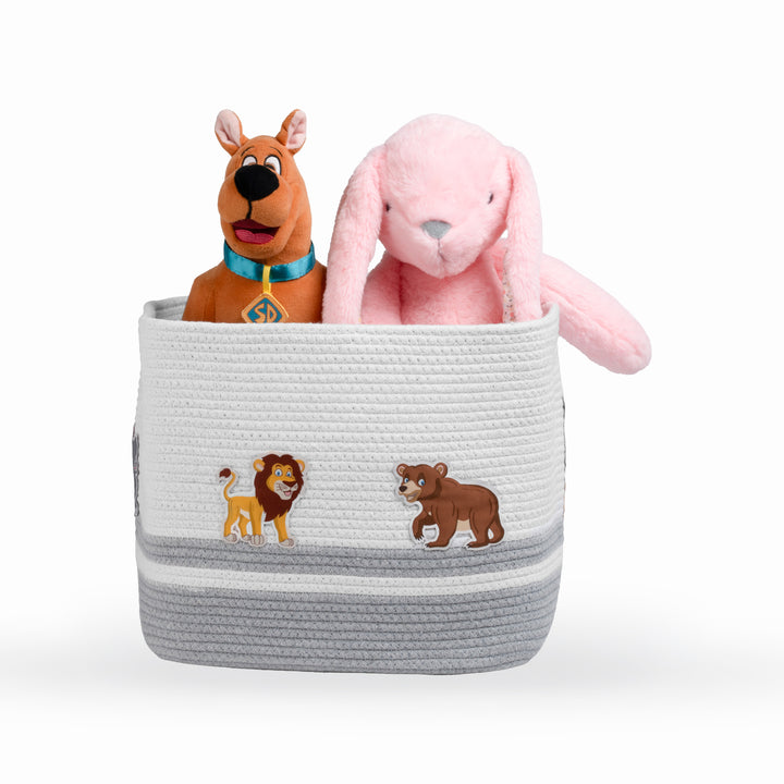 Cotton Rope 'Animal Kingdom' Medium Rectangular Grey Toy Storage Basket with Lid