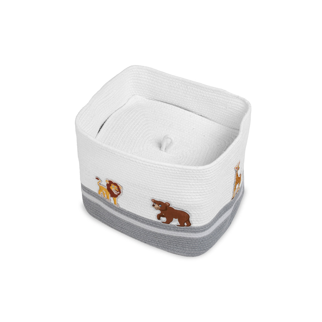 Cotton Rope 'Animal Kingdom' Medium Rectangular Grey Toy Storage Basket with Lid
