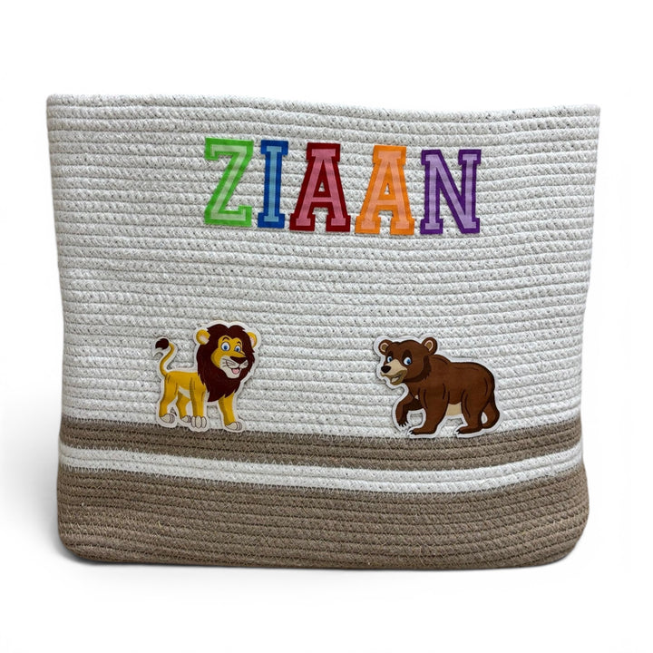 Cotton Rope 'Animal Kingdom' Large Rectangular Beige Toy Storage Basket with Lid