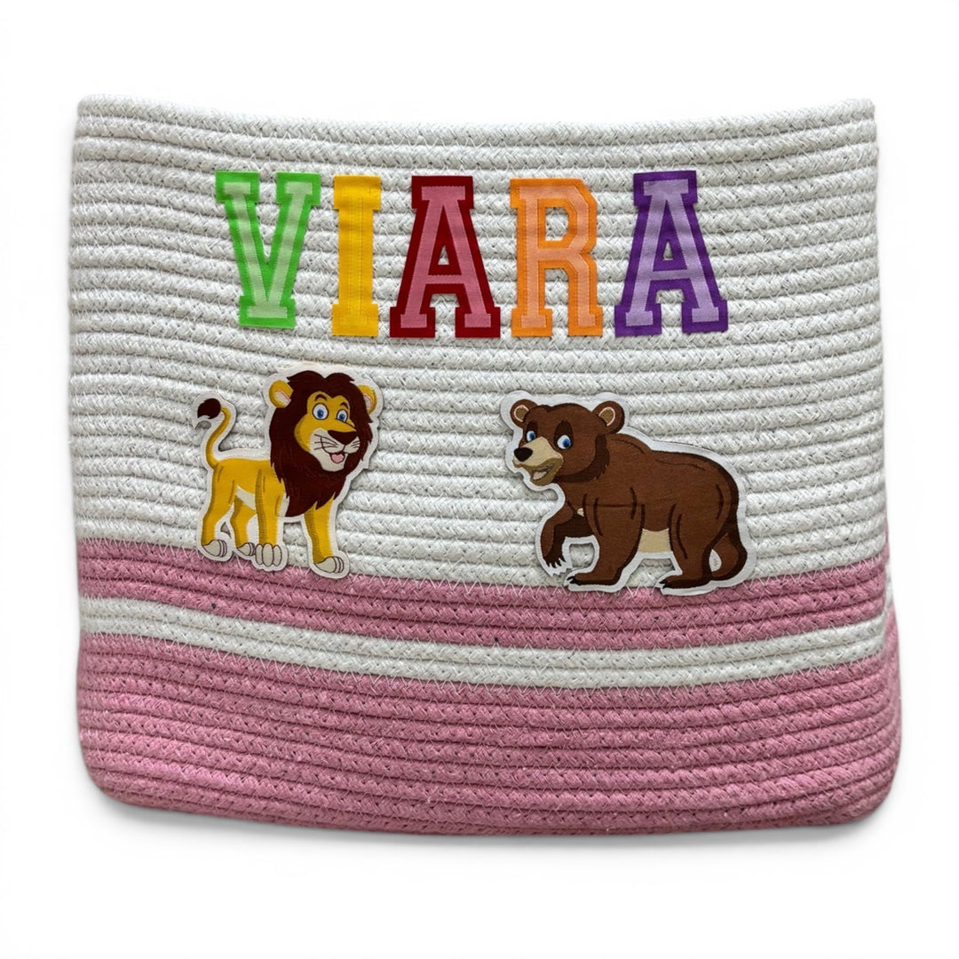 Cotton Rope 'Animal Kingdom' Medium Rectangular Pink Toy Storage Basket with Lid