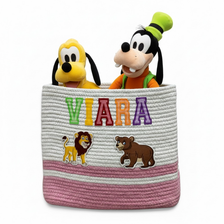 Cotton Rope 'Animal Kingdom' Medium Rectangular Pink Toy Storage Basket with Lid