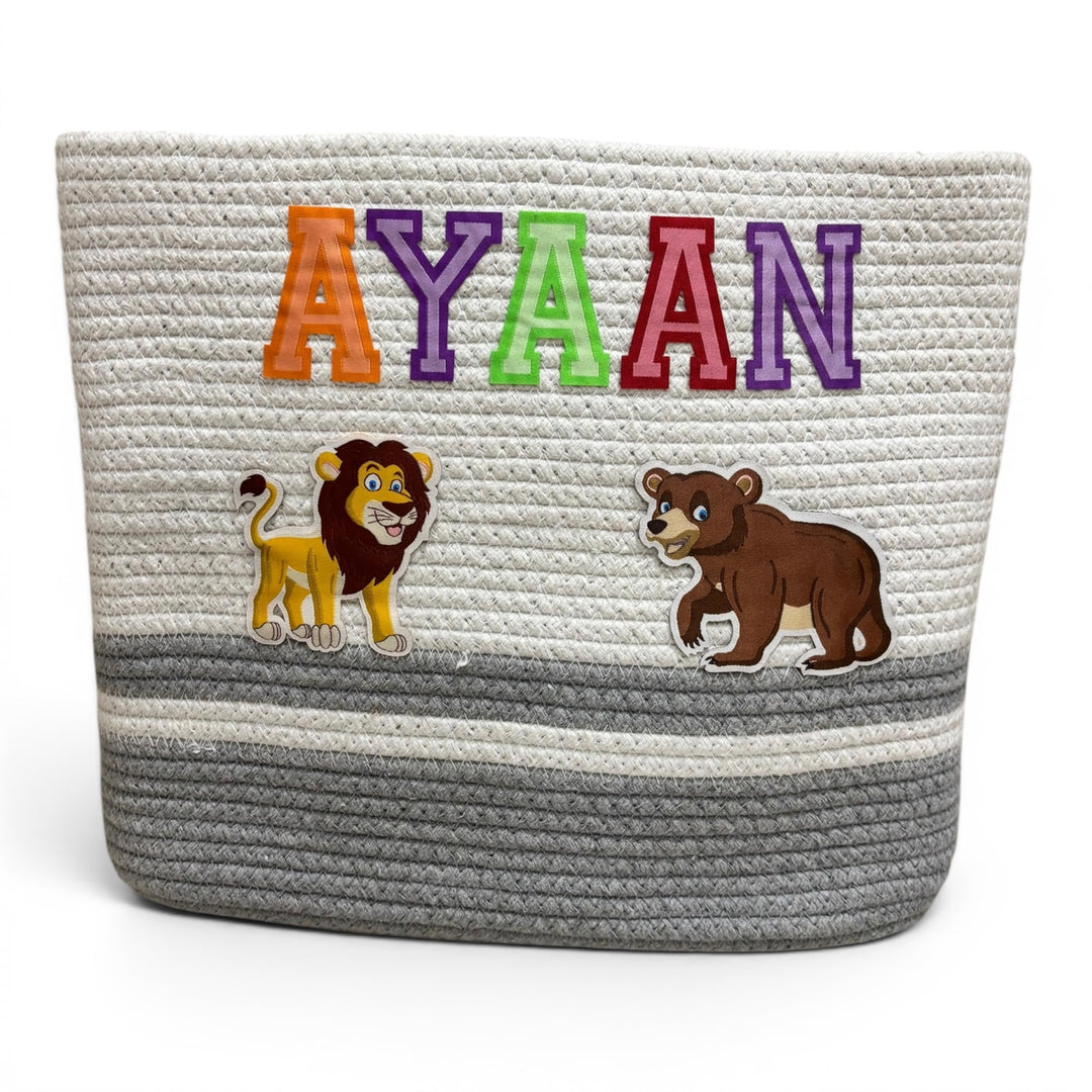 Cotton Rope 'Animal Kingdom' Large Rectangular Grey Toy Storage Basket with Lid