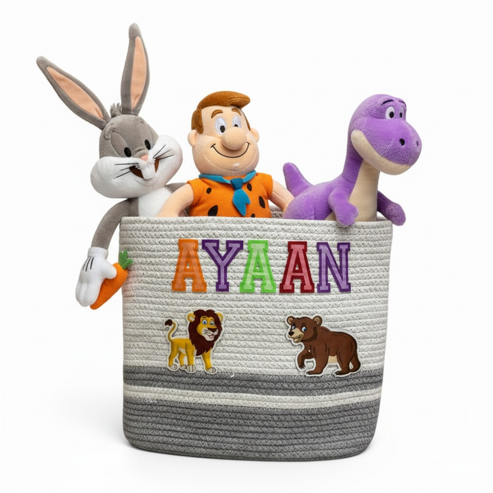 Cotton Rope 'Animal Kingdom' Large Rectangular Grey Toy Storage Basket with Lid