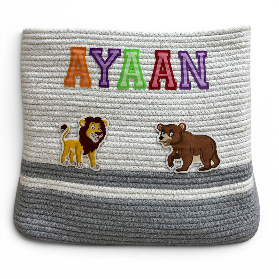 Cotton Rope 'Animal Kingdom' Medium Rectangular Grey Toy Storage Basket with Lid