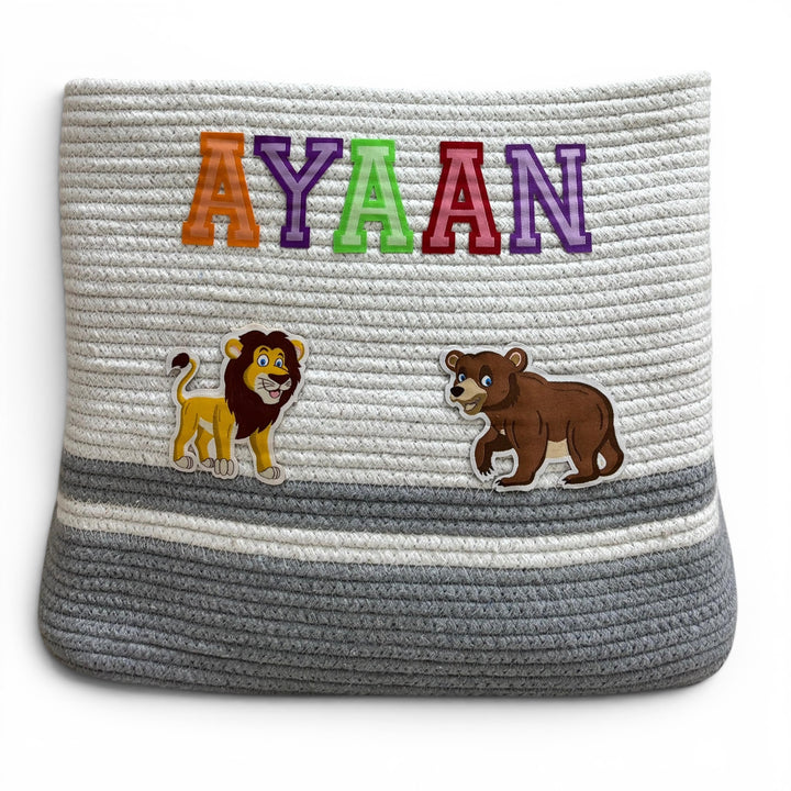 Cotton Rope 'Animal Kingdom' Medium Rectangular Grey Toy Storage Basket with Lid