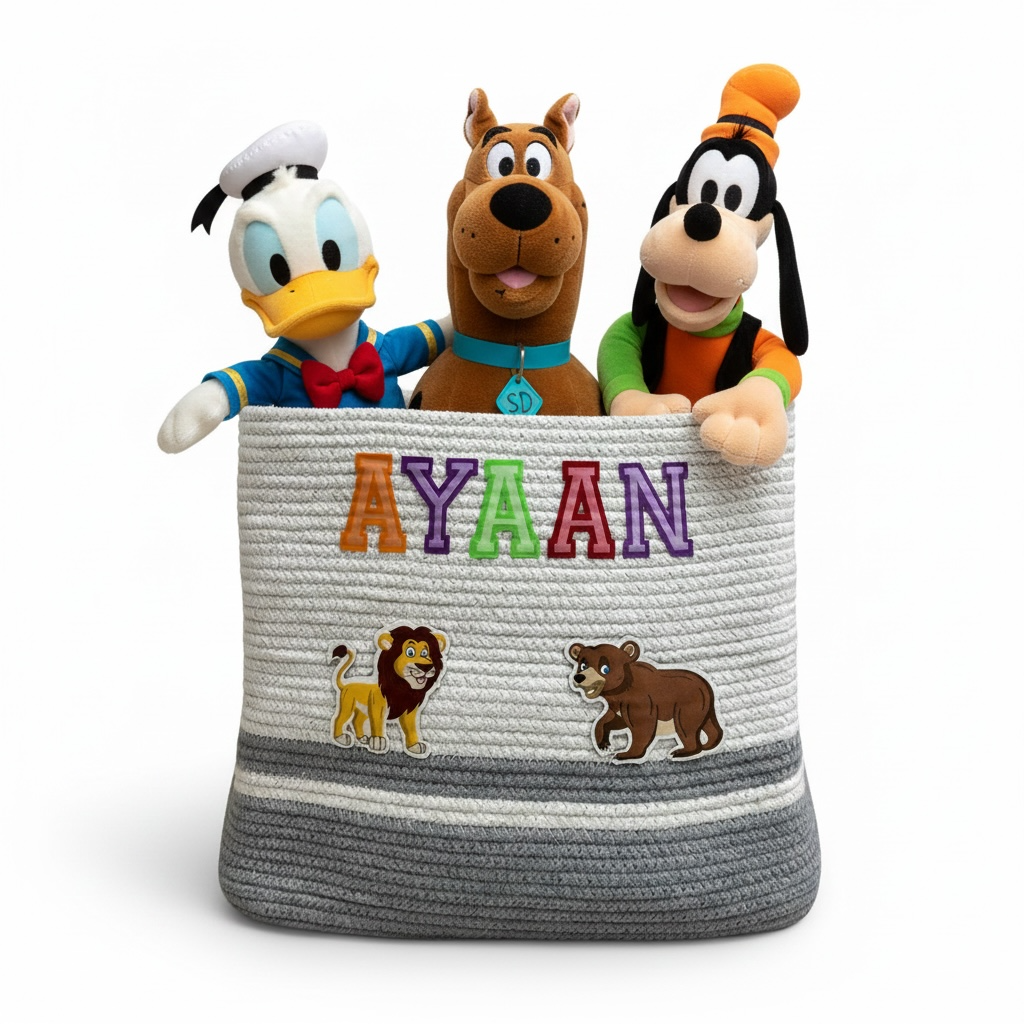 Cotton Rope 'Animal Kingdom' Medium Rectangular Grey Toy Storage Basket with Lid