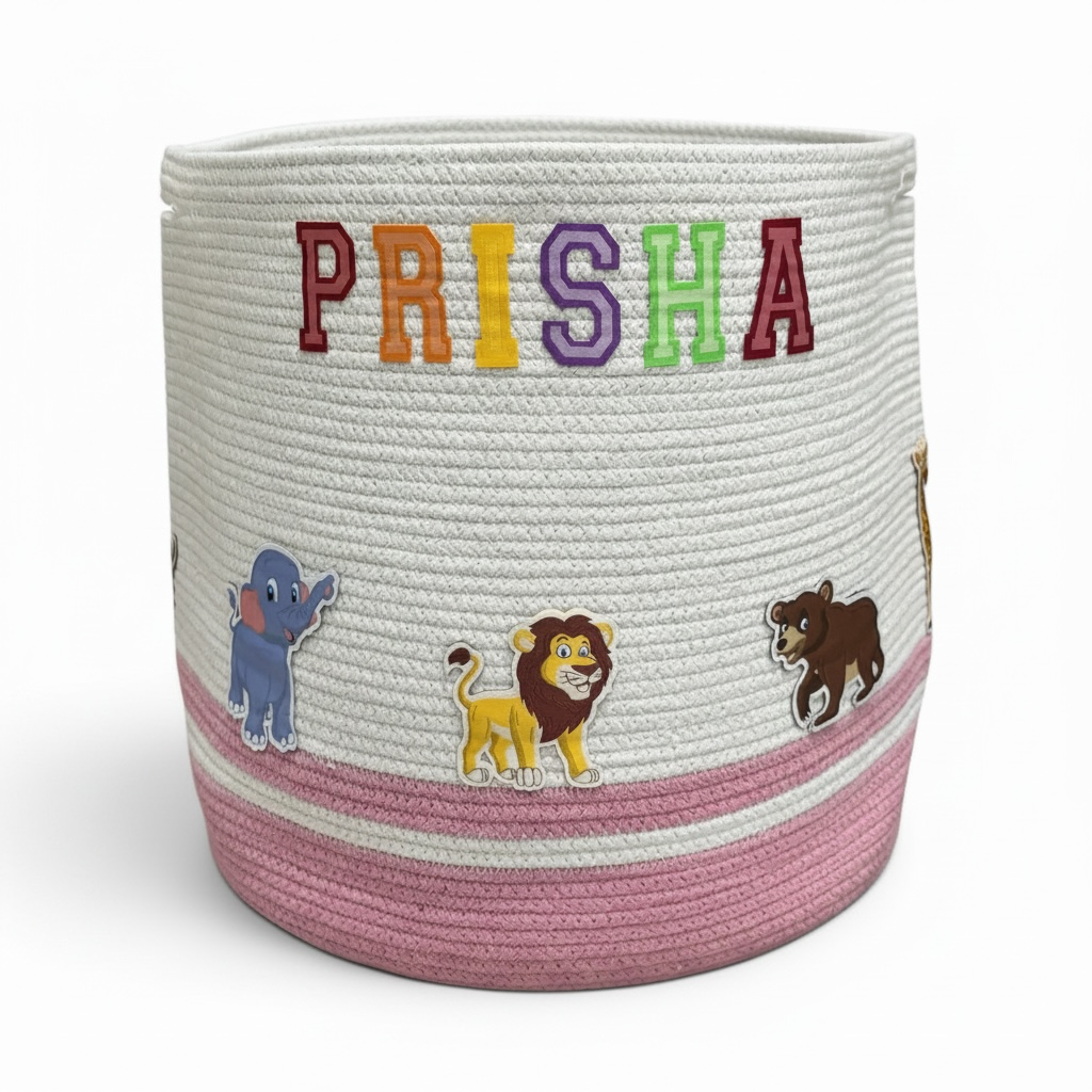 Cotton Rope 'Animal Kingdom' Large Round Pink Toy Storage Basket with Lid
