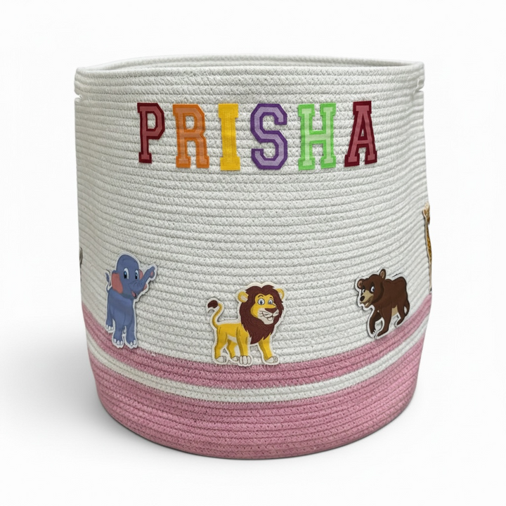 Cotton Rope 'Animal Kingdom' Large Round Pink Toy Storage Basket with Lid