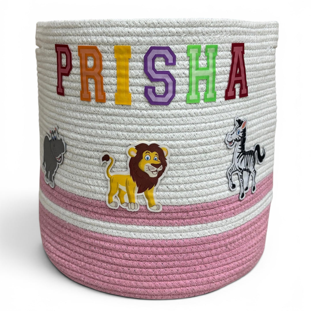 Cotton Rope 'Animal Kingdom' Medium Round Pink Toy Storage Basket with Lid