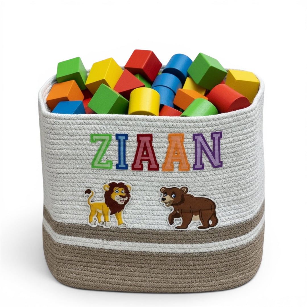 Cotton Rope 'Animal Kingdom' Medium Rectangular Beige Toy Storage Basket with Lid