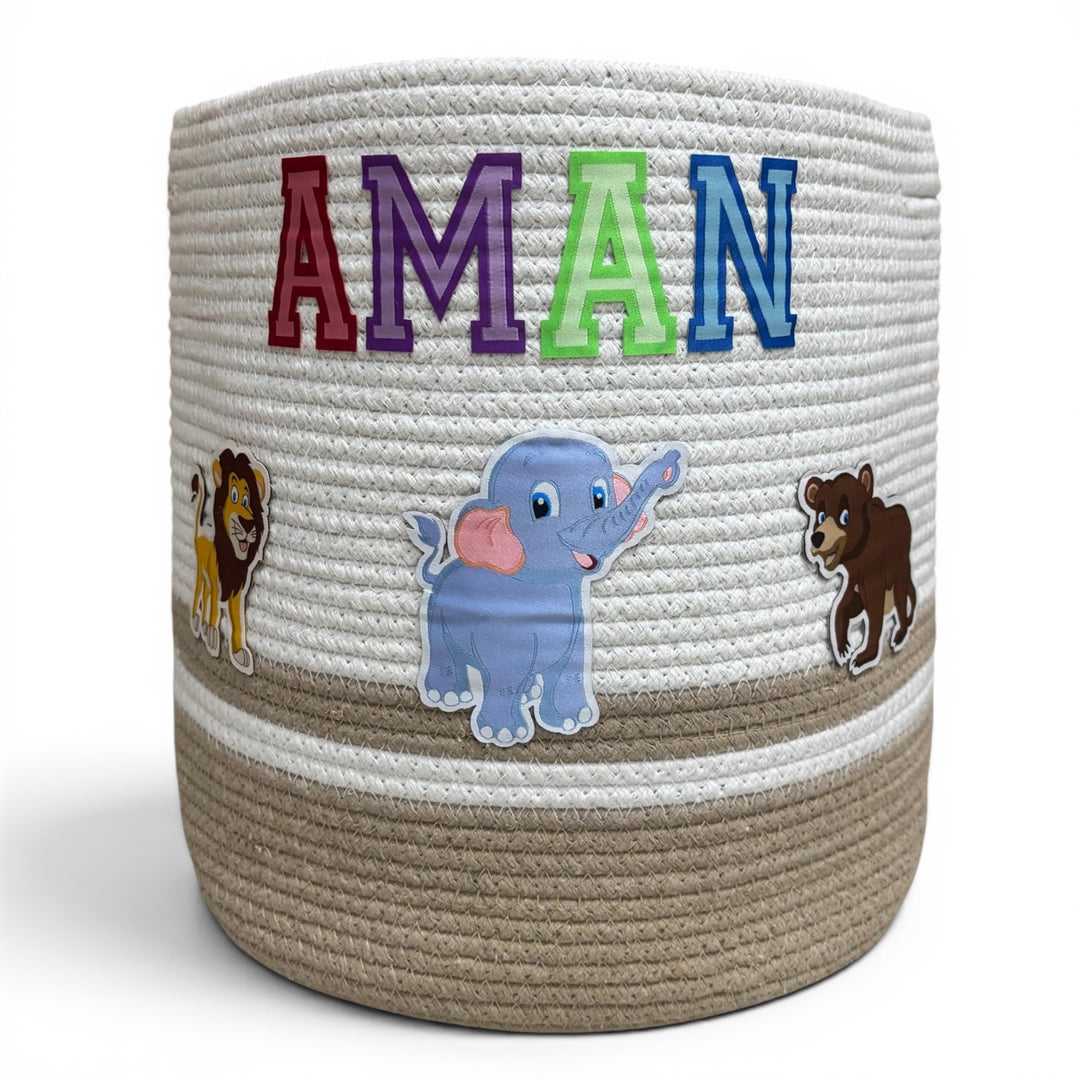 Cotton Rope 'Animal Kingdom'  Medium Round Beige Toy Storage Basket with Lid