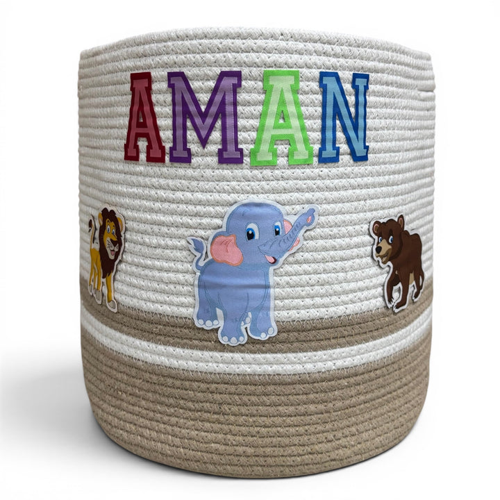 Cotton Rope 'Animal Kingdom'  Medium Round Beige Toy Storage Basket with Lid