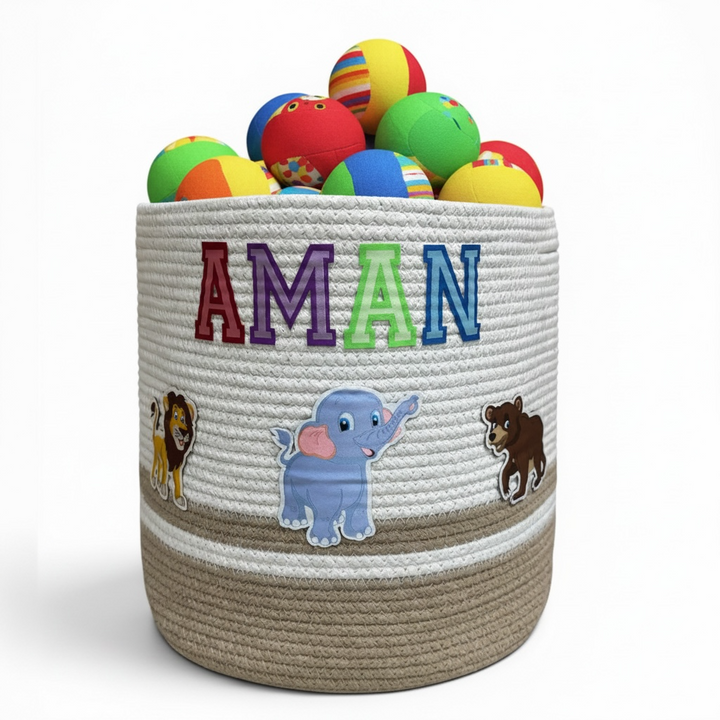 Cotton Rope 'Animal Kingdom'  Medium Round Beige Toy Storage Basket with Lid