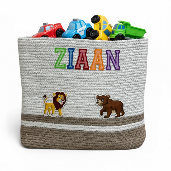 Cotton Rope 'Animal Kingdom' Large Rectangular Beige Toy Storage Basket with Lid