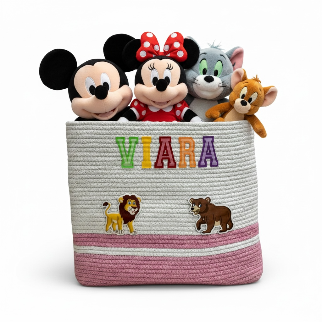 Cotton Rope 'Animal Kingdom' Large Rectangular Pink Toy Storage Basket with Lid