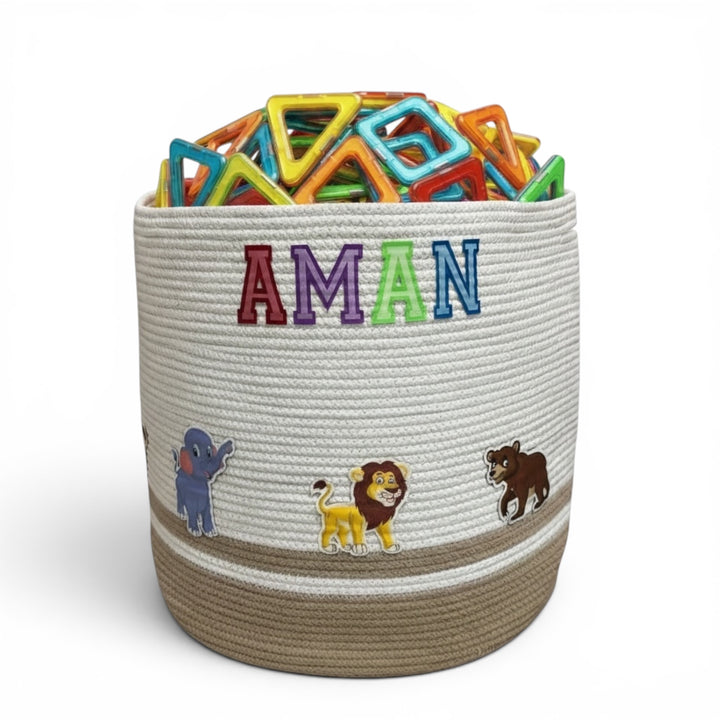 Cotton Rope 'Animal Kingdom' Large Round Beige Toy Storage Basket with Lid