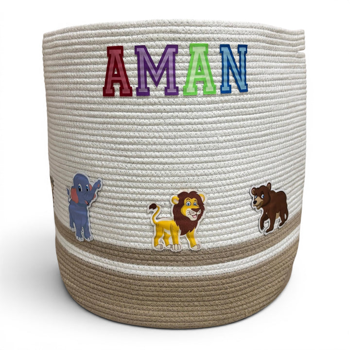 Cotton Rope 'Animal Kingdom' Large Round Beige Toy Storage Basket with Lid