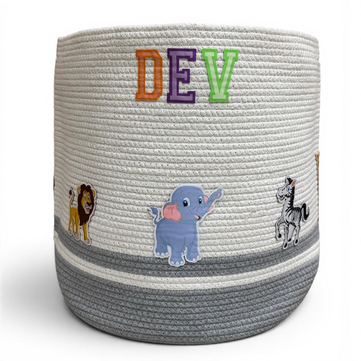 Cotton Rope 'Animal Kingdom'  Large Round Grey Toy Storage Basket with Lid