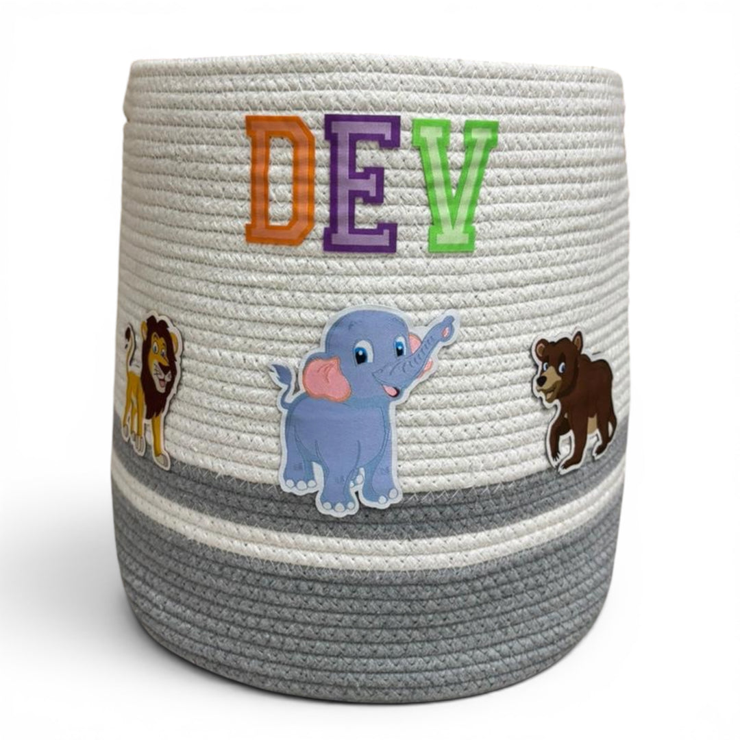 Cotton Rope 'Animal Kingdom'  Medium Round Grey Toy Storage Basket with Lid