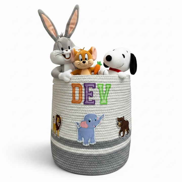 Cotton Rope 'Animal Kingdom'  Medium Round Grey Toy Storage Basket with Lid