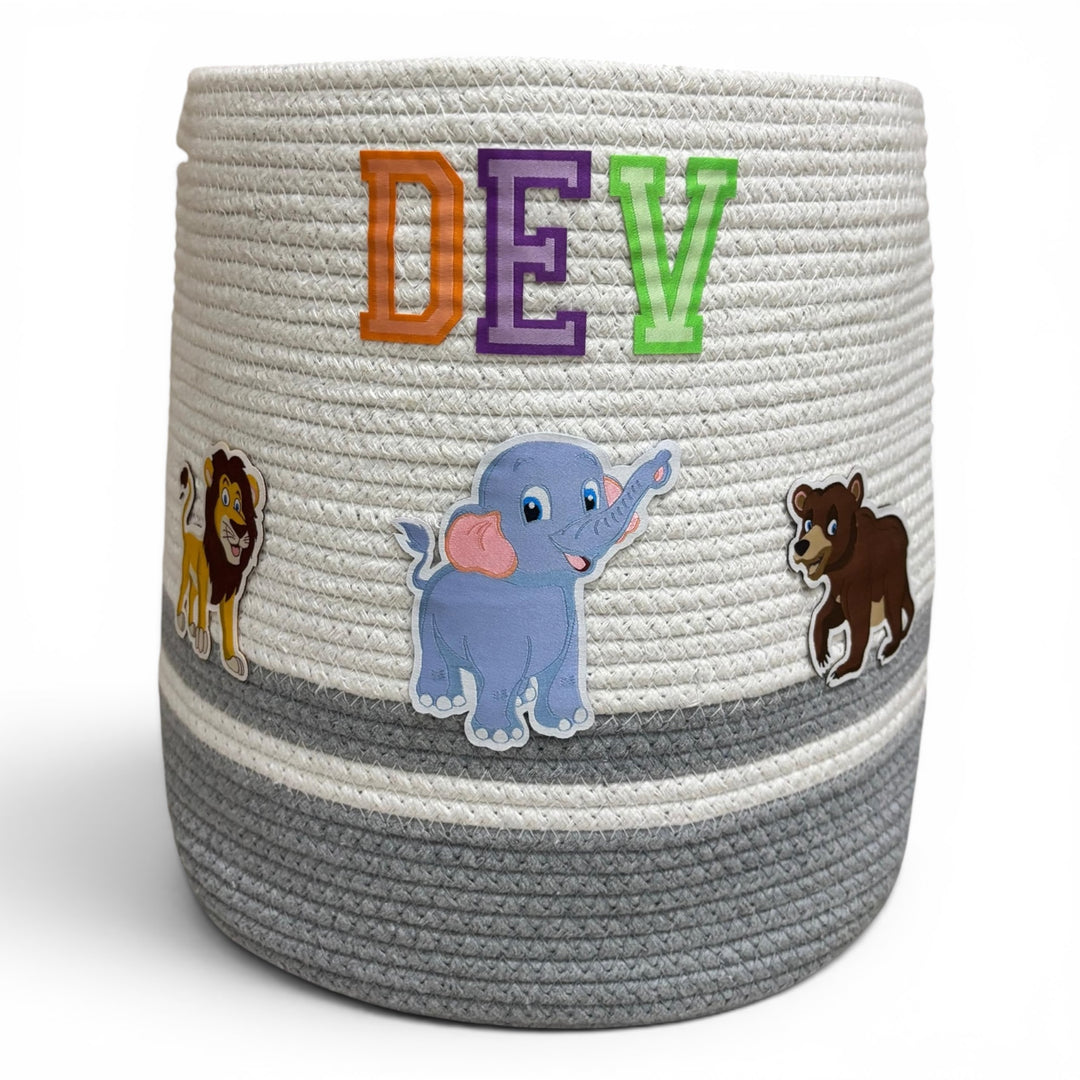 Cotton Rope 'Animal Kingdom'  Medium Round Grey Toy Storage Basket with Lid