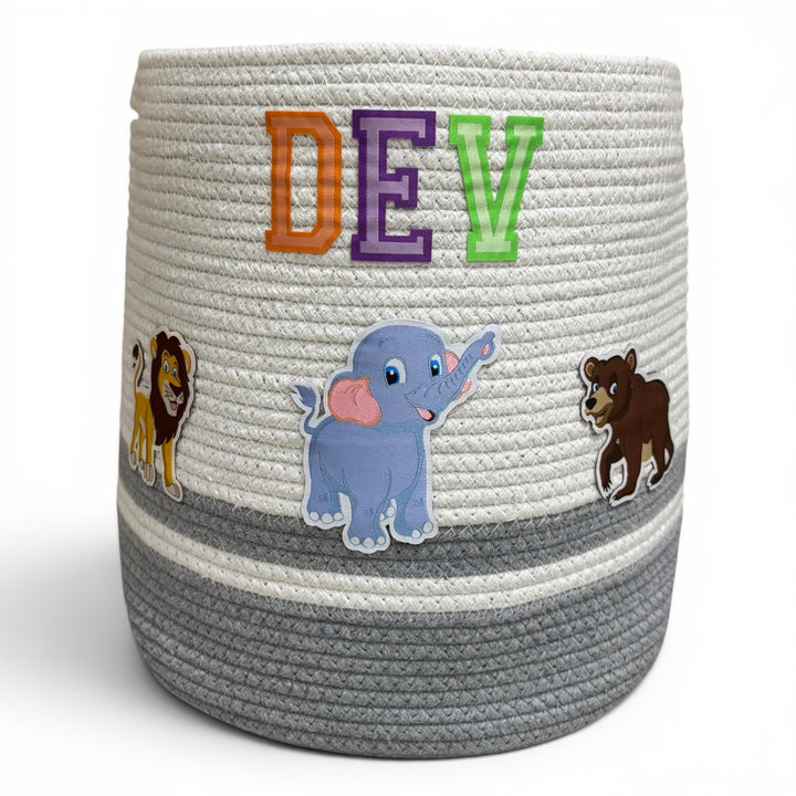 Cotton Rope 'Animal Kingdom'  Medium Round Grey Toy Storage Basket with Lid