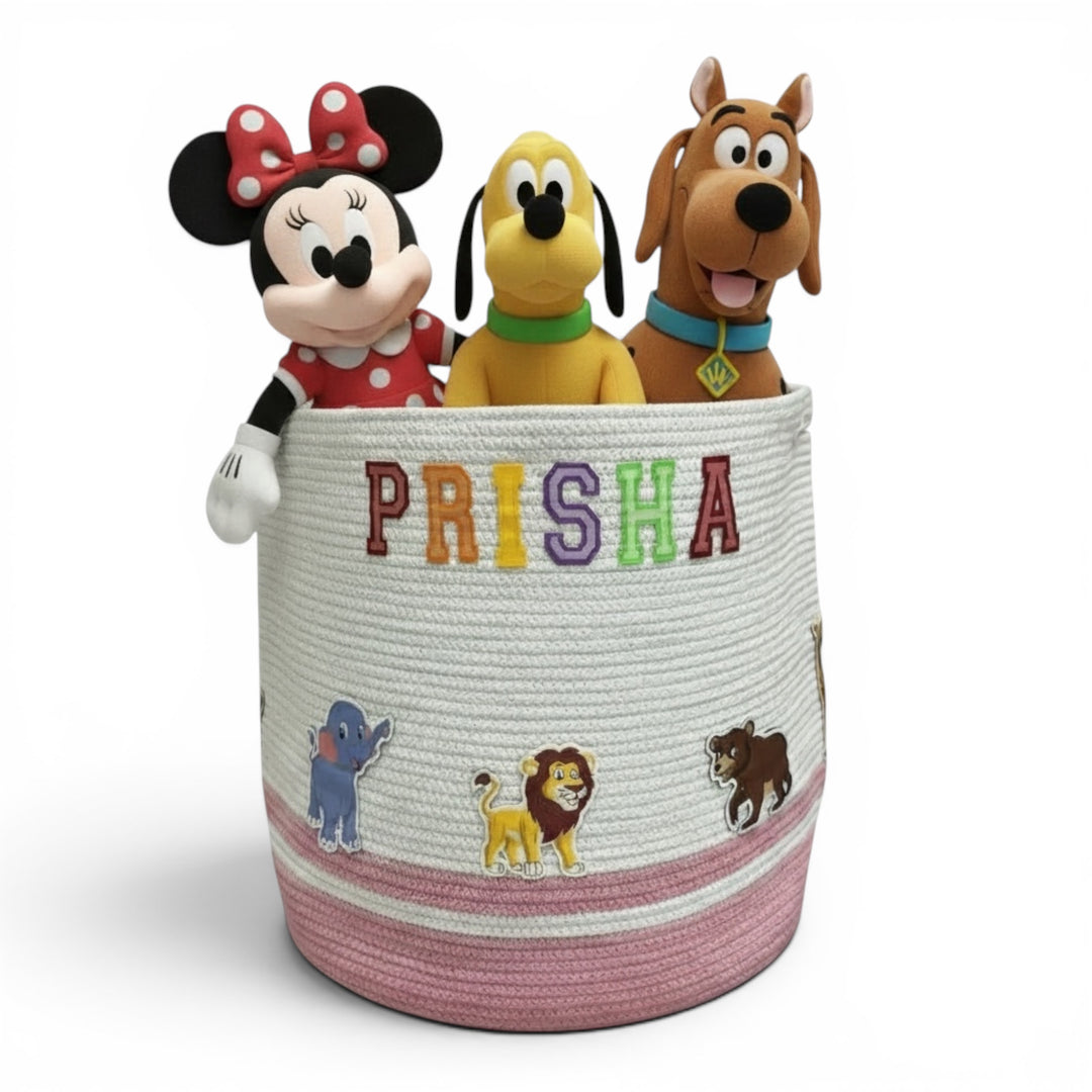 Cotton Rope 'Animal Kingdom' Large Round Pink Toy Storage Basket with Lid