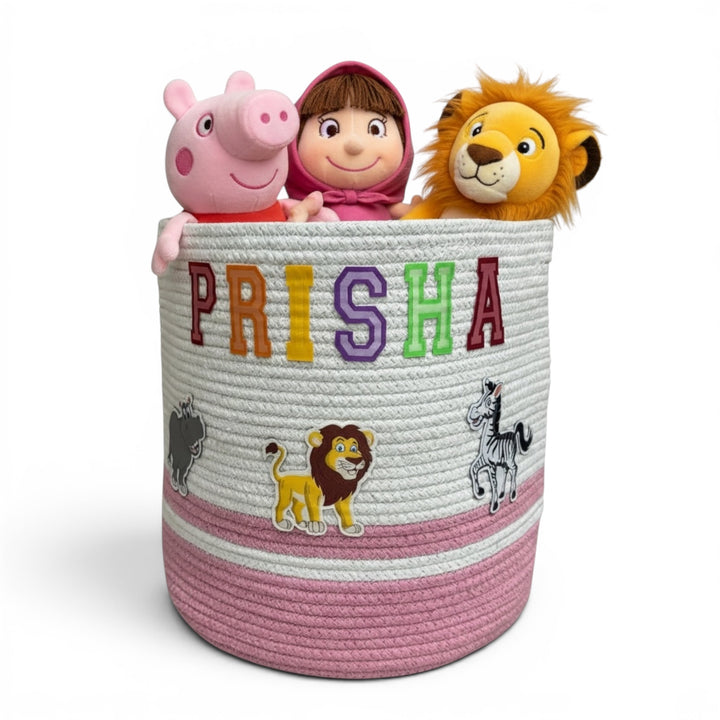 Cotton Rope 'Animal Kingdom' Medium Round Pink Toy Storage Basket with Lid